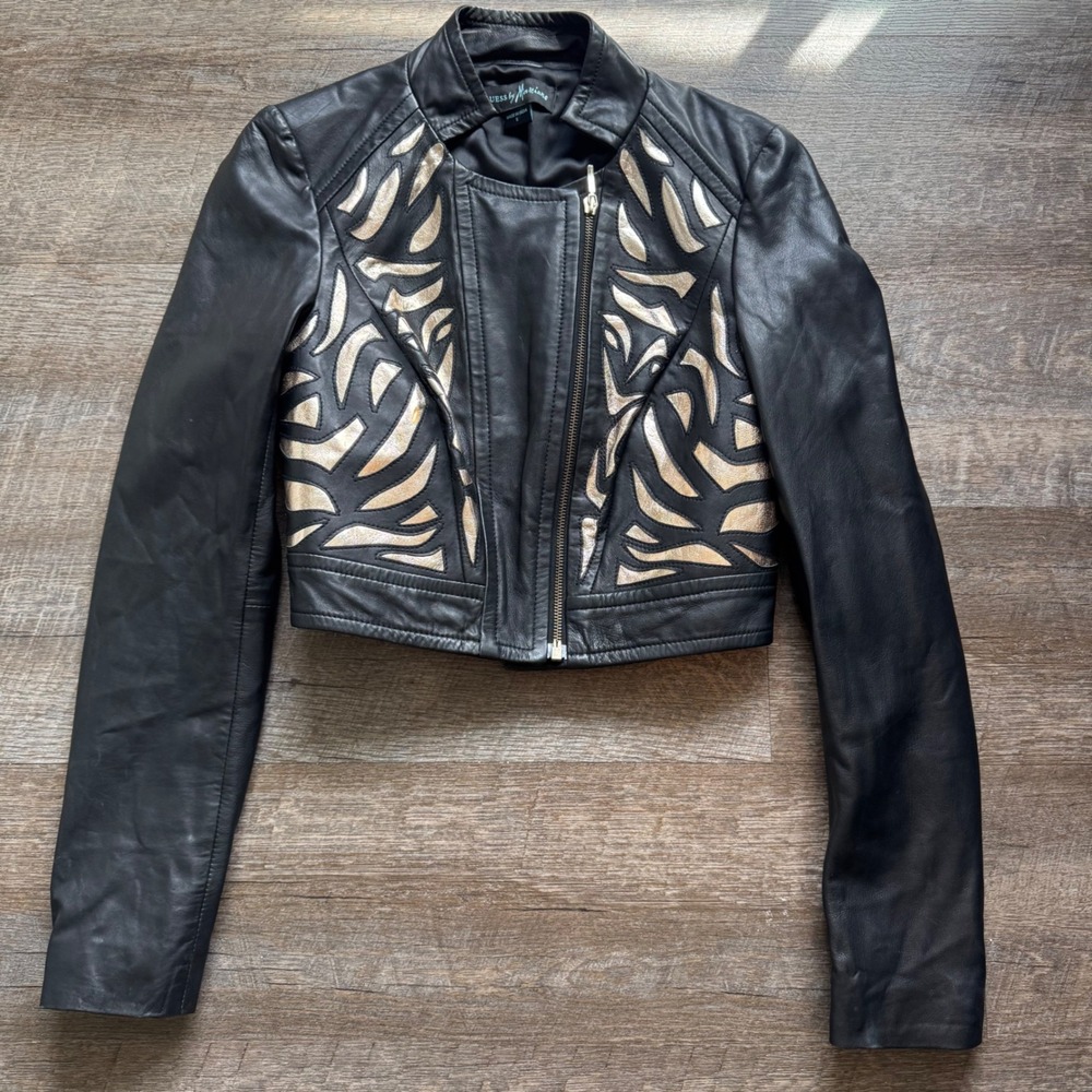 Guess by Marciano Lamb Leather Moto Biker Jacket S Slim Black Gold Metallic